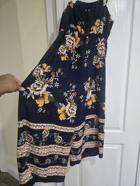 Floral Navy Wide-Leg Jumpsuit with Mustard Accents